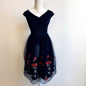 Ruched Rose Embroidered Tulle Dress 12 NEW